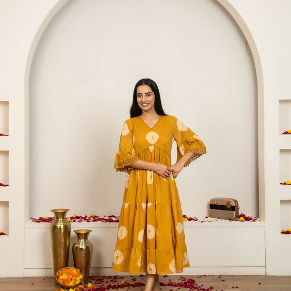 Joban Fashion Mustard Yellow Tie & Dye Cotton Dress - Distacart