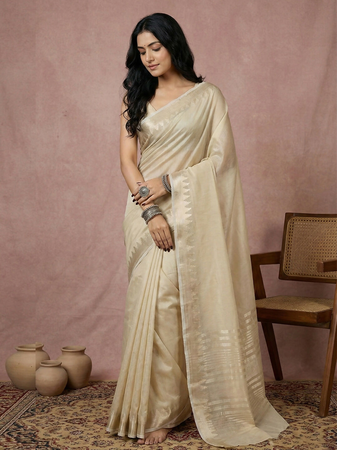 Astita Cream Cotton Saree - Distacart