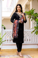 Thumbnail for The52 Black Women's Beautiful Viscose Chanderi Fabric Embroidered Work Straight Kurta Pant and Dupatta Set - Distacart
