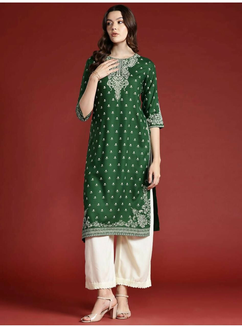 Cheera Women Stylish Hand Block Printed Cotton Blend Flared Kurta - Green - Distacart