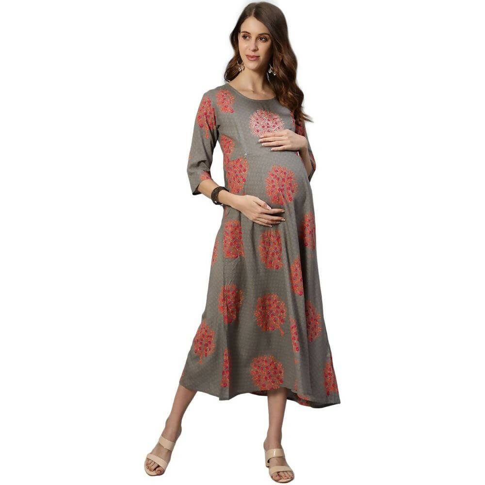 Anubhutee Women's Rayon Floral Maternity A-Line Midi Grey Dress - Distacart