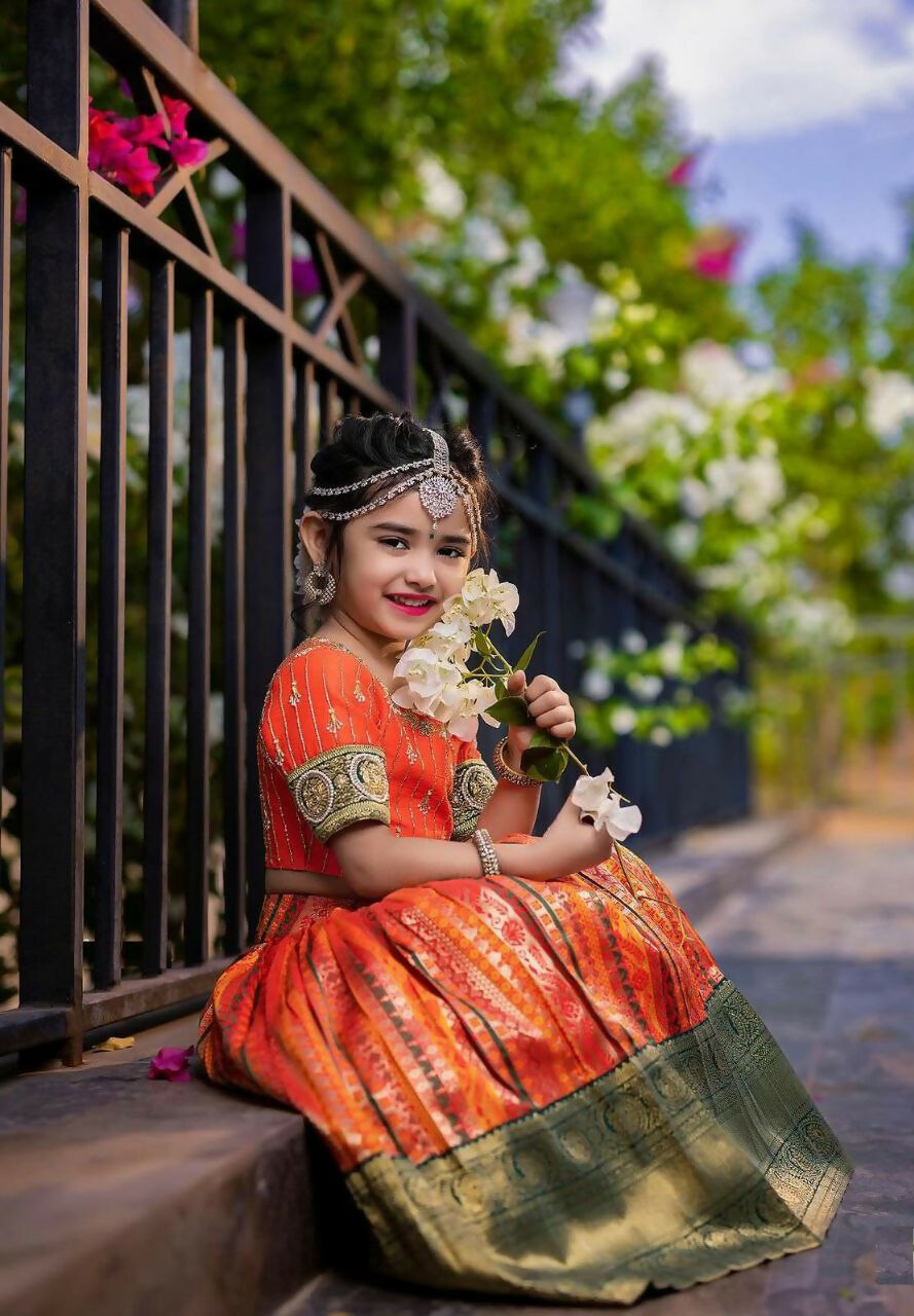 Jyoti Fashion Gorgeous Orange Pure Kota Silk Print with Zari Woven Kids Lehenga Choli Set - Distacart