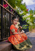 Thumbnail for Jyoti Fashion Gorgeous Orange Pure Kota Silk Print with Zari Woven Kids Lehenga Choli Set - Distacart