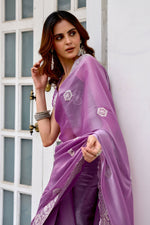 Thumbnail for Vastranavya Lavender Embroidery Work Shimmer Chiffon Saree with Unstitched Blouse