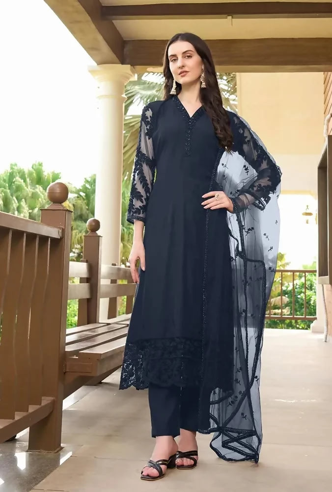 Nikhaar Navy Blue Embroidered Art Silk Straight Cut Readymade Pakistani Suit