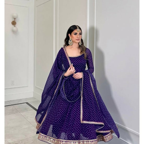Teeya Creation Purple Color Bandhani Print With Embroidery Work Functional Wear Gown
