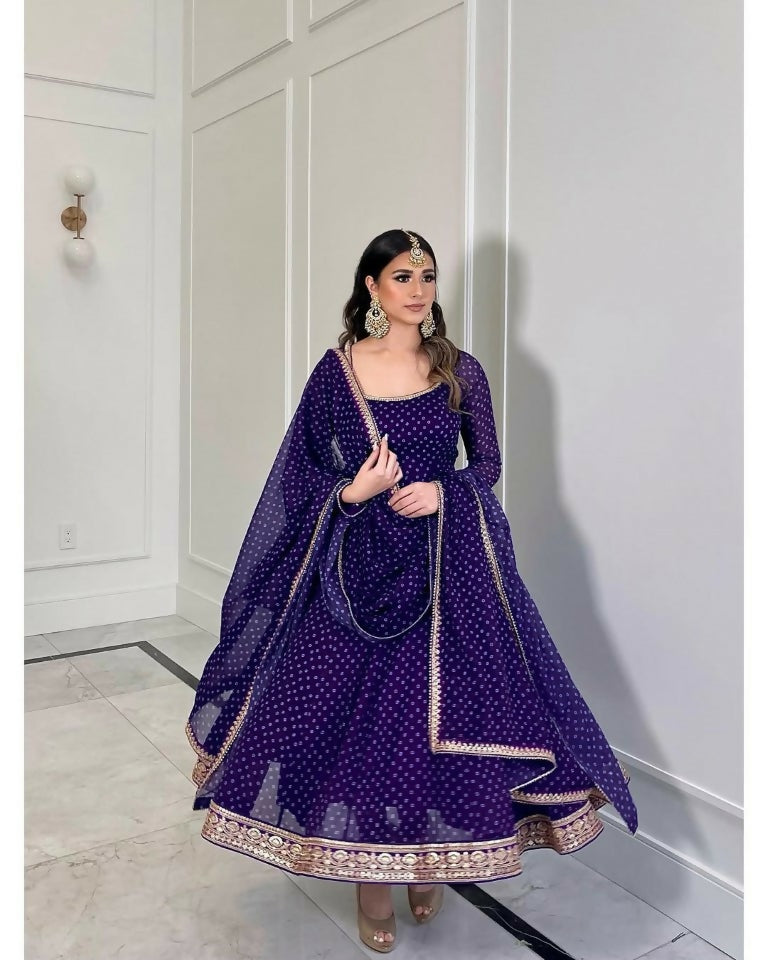 Teeya Creation Purple Color Bandhani Print With Embroidery Work Functional Wear Gown