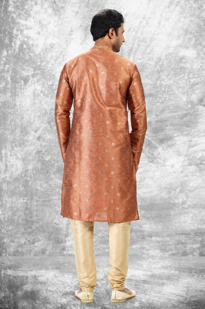 Raivat Ethnic Jacquard Silk Brocade Thread Work Kurta Pajama In Rust Brown Colour - Distacart