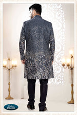 Thumbnail for Joban Fashion Men's Blue Straight Silk Thread And Sequence Embroidery All Over 3 Pc Kurta Set - Distacart