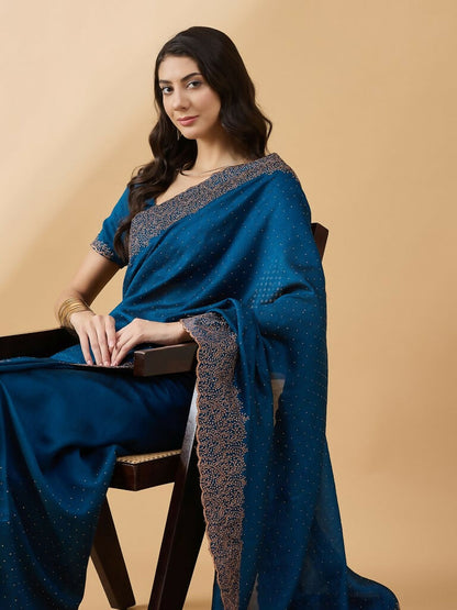 Blue Silk Blend Embroidered Saree with Unstitched Blouse - Vairagi - Distacart
