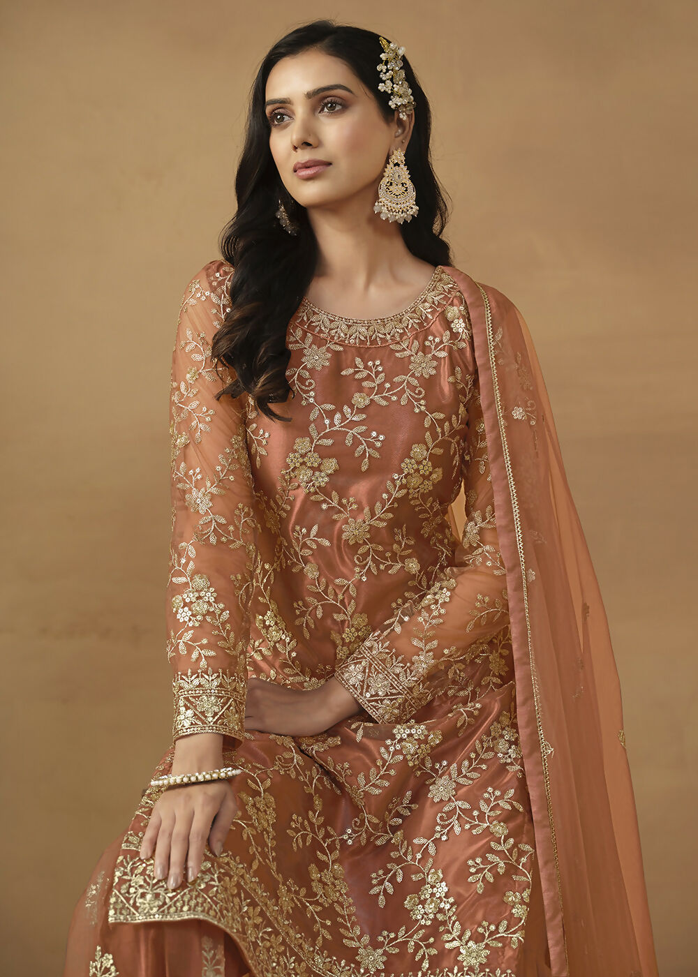 Tangy Brown Net Embroidered Wedding Festive Gharara Suit - Emponline - Distacart