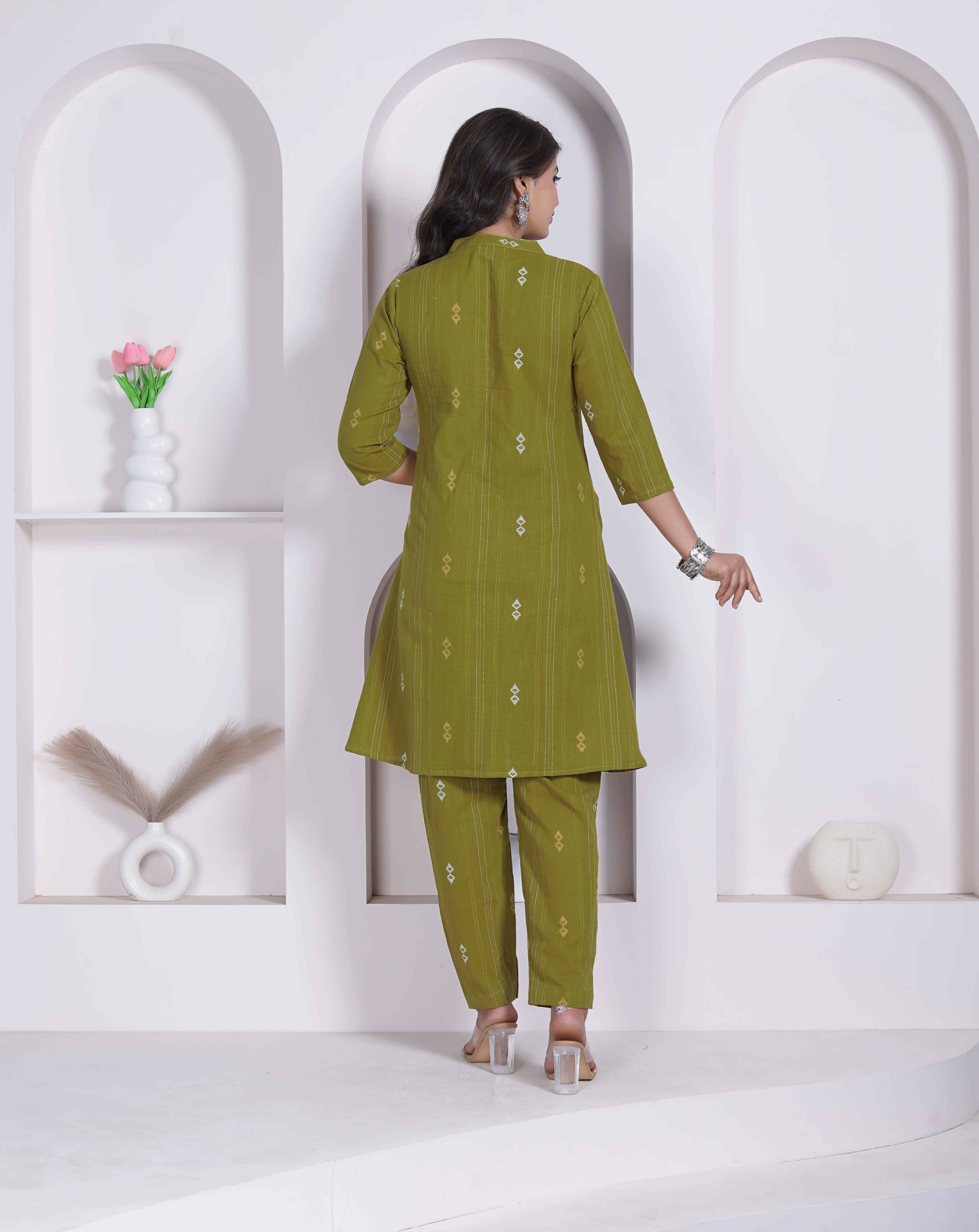 Miravan Womens Green Printed Cotton Straight Kurta With Palazzo - Dista