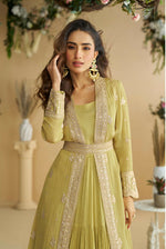 Thumbnail for Anaita Mustard Chinon Silk Readymade Anarkali Shrug Gown with Belt & Embroidery Work - Distacart