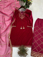 Thumbnail for Vastranavya Pink Velvet Sequence Embroidery Work Kurta & Bottom With Dupatta