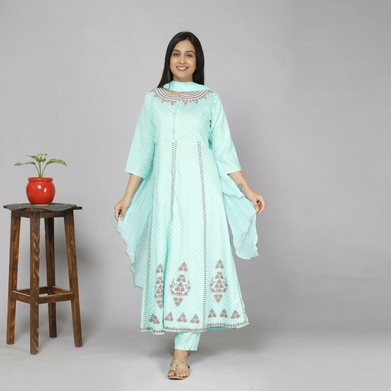 Alvano Women's Stylish Rayon Anarkali Kurta with Pant and Dupatta set Casual wear, Partywear, Wedding - Distacart