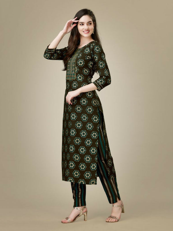 Jyoti Fashion Women's Dark Coffee Rayon Embroidered Kurta Pant Set - Distacart