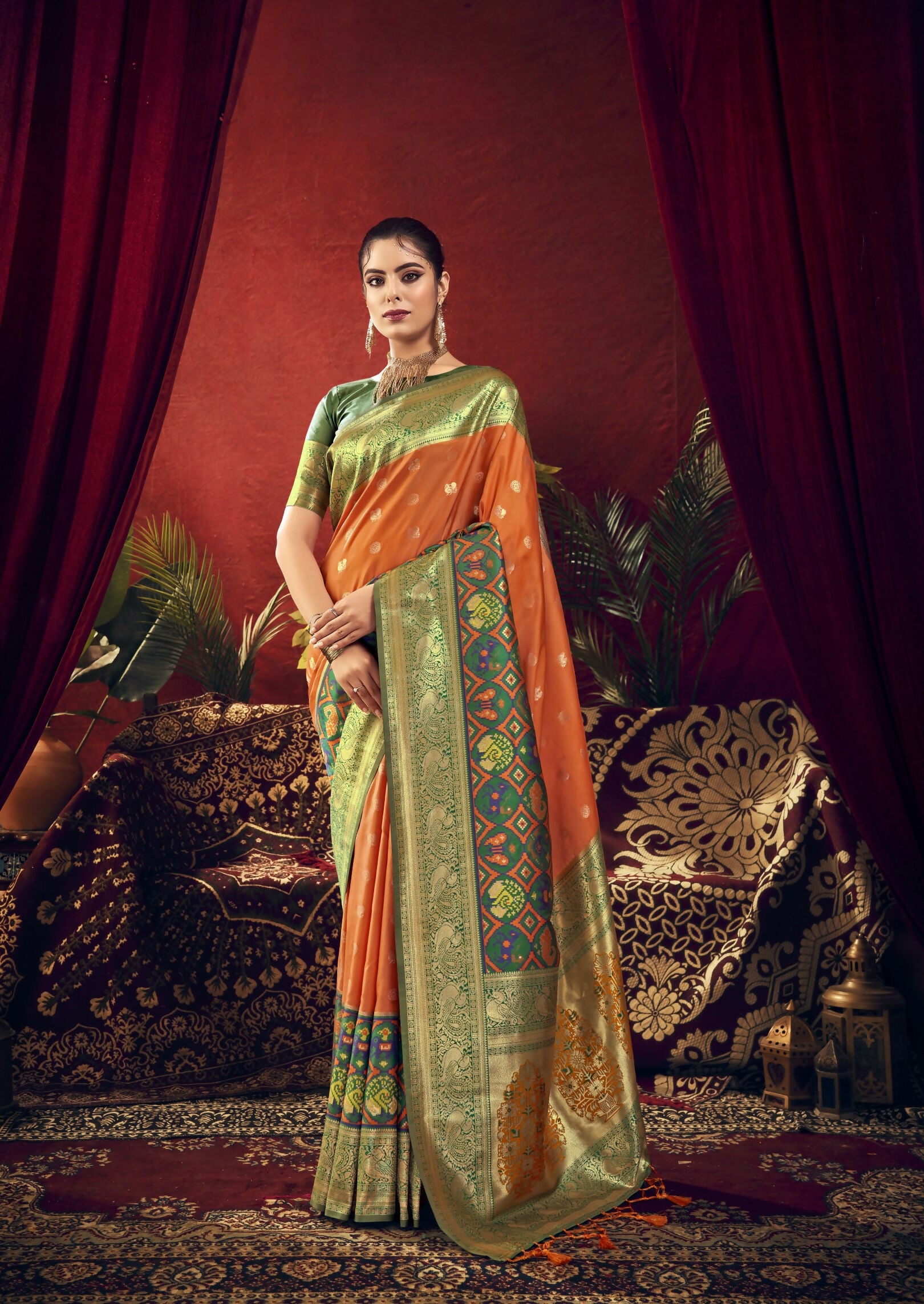 Vishnu Weaves Women's Orange Paithani Silk Saree with Blouse - Distacart