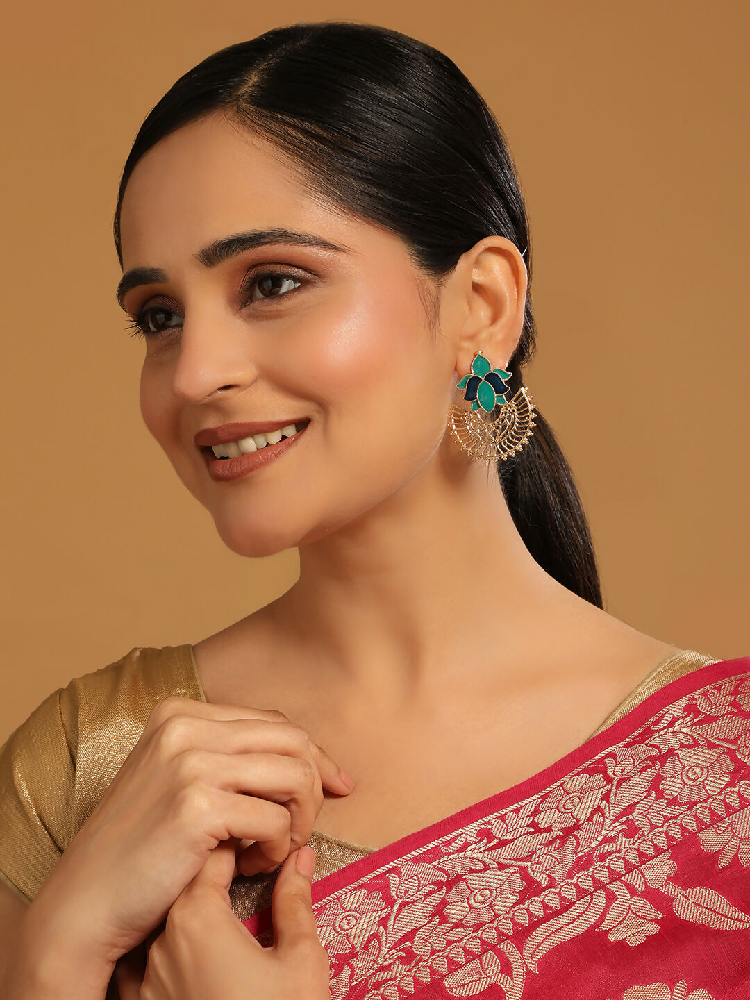 Nuyug 22K Gold Plated Turquoise Enamel Studded Indo-Western Floral Jali Statement Stud Earrings