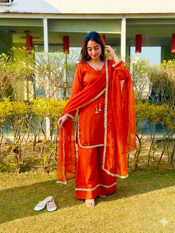 Teeya Creation New Trendy Elegant Orange Chanderi Silk Kurta Set with Delicate Lace Detailing and Matching Dupatta - Dista