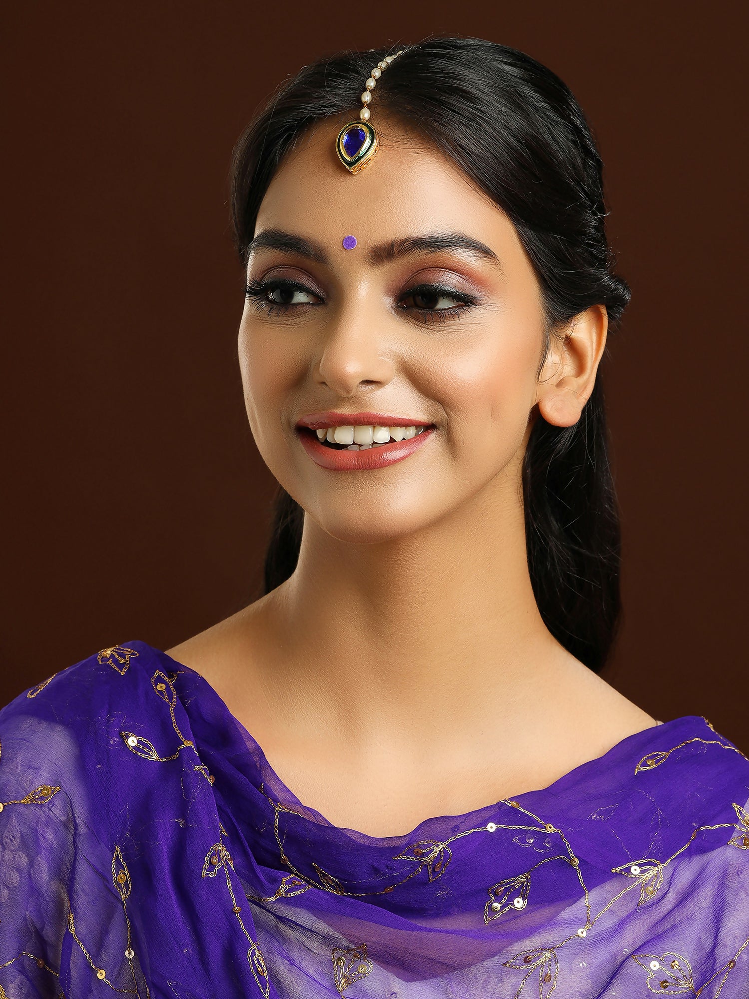 Ruby Raang Blue and Green Meenakari Kundan Maang Tikka