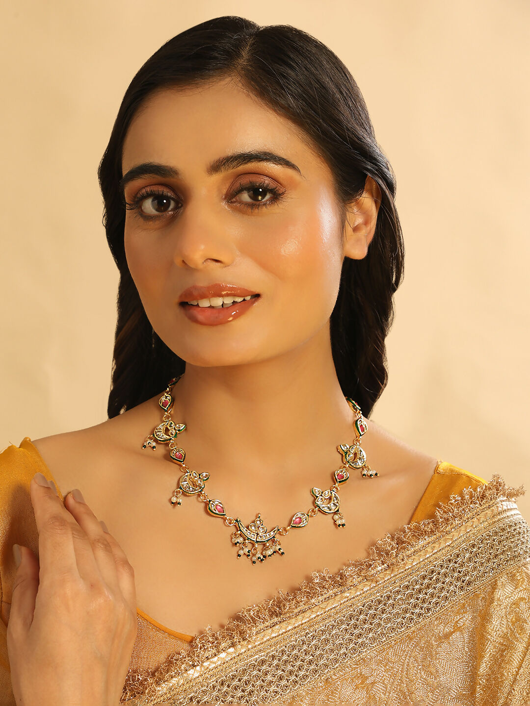 Nuyug 22K Gold Plated Regal Enamel Bloom Pearl Drop Necklace