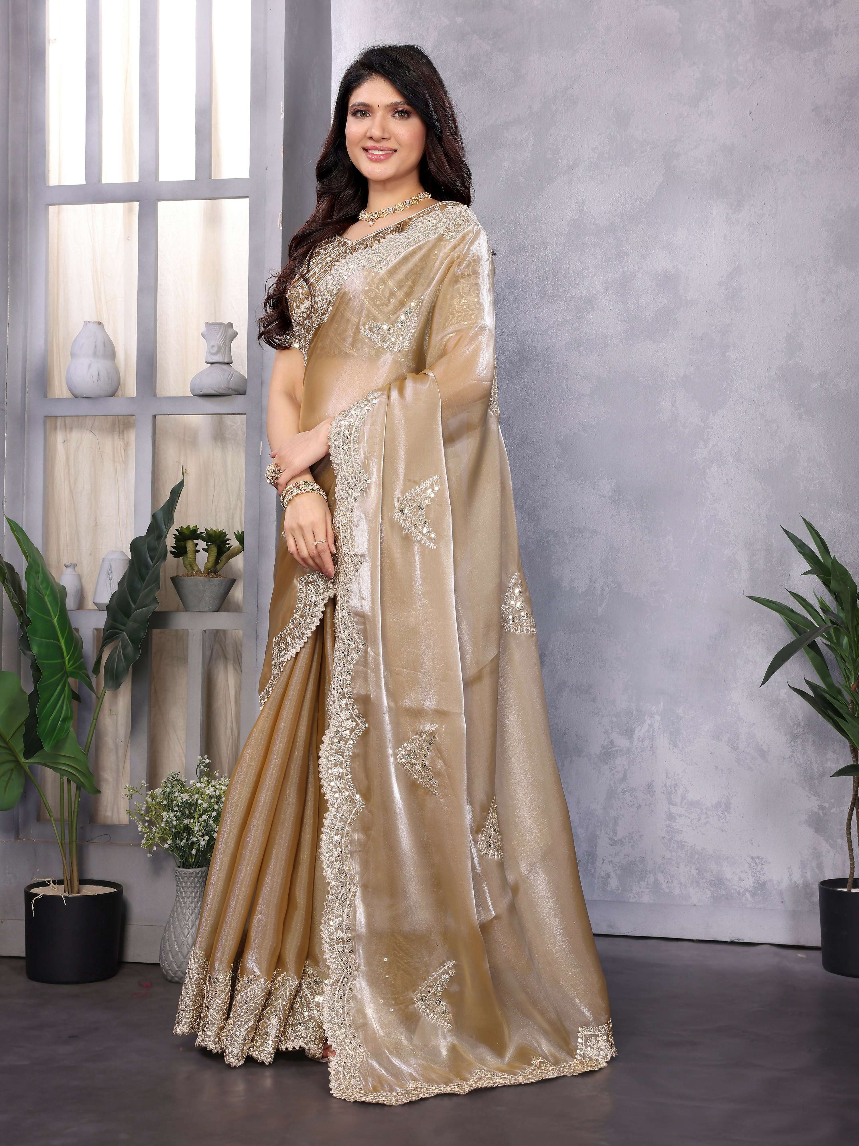 Vastranavya Beige Embroidery Work Shimmer Chiffon Saree with Unstitched Blouse