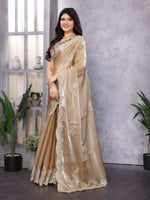 Thumbnail for Vastranavya Beige Embroidery Work Shimmer Chiffon Saree with Unstitched Blouse
