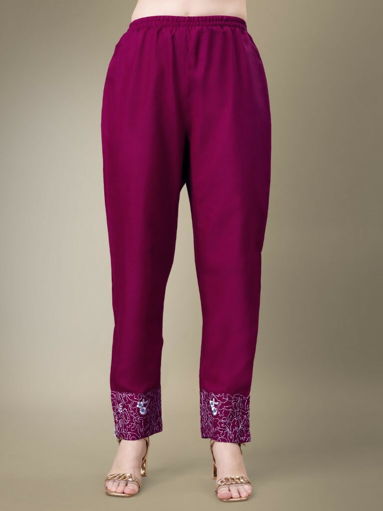 Jyoti Fashion Women's Purple Cotton Blend Embroidery & Fancy Lace work Kurta with Trouser & Dupatta - Distacart