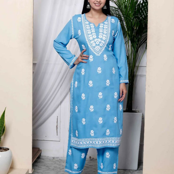 Miravan Womens Blue Embroidered Kurta With Palazzo - Distacart