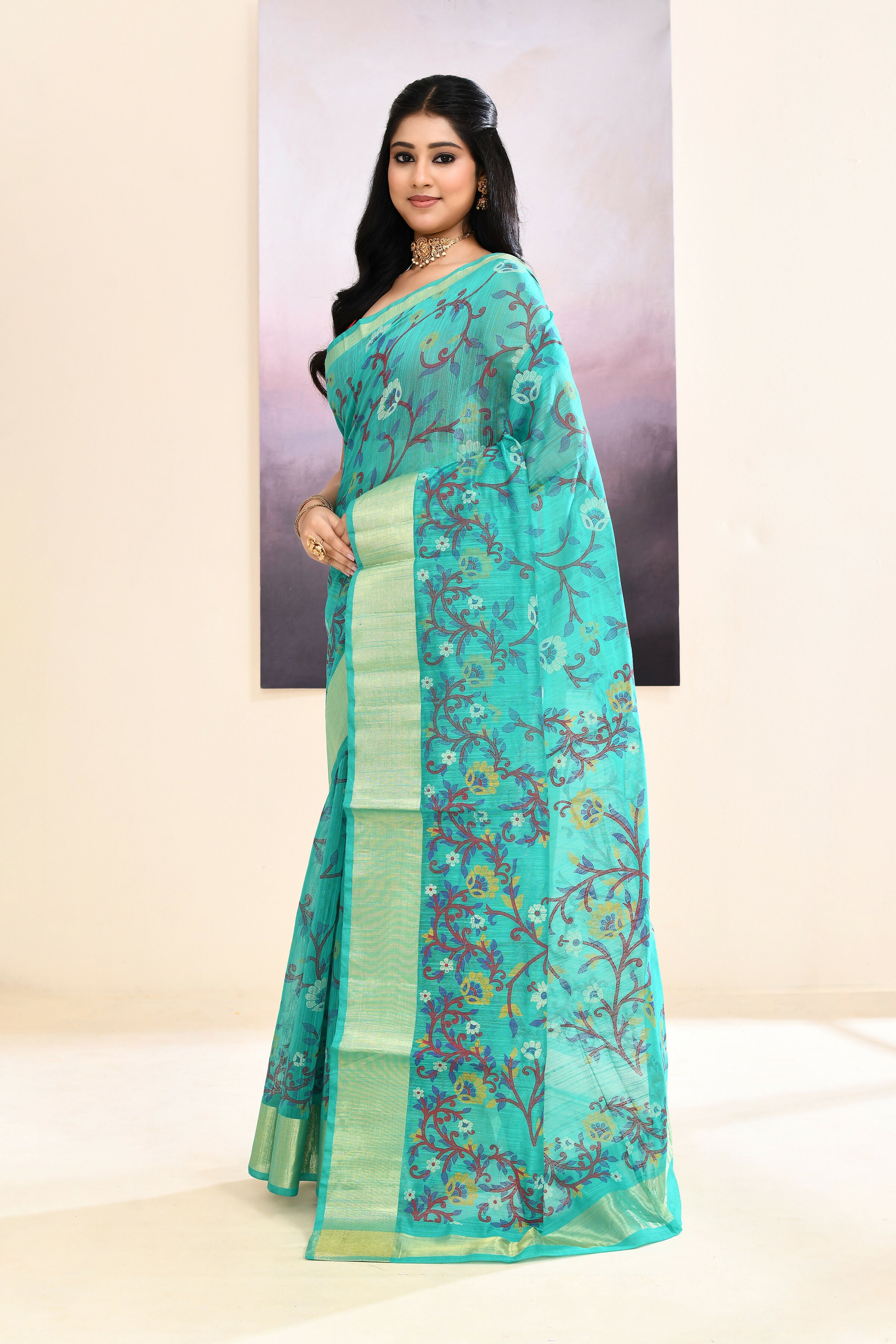 Piyari Fashion Women's Turquoise Embellished Cotton Blend Printed Saree - Dista