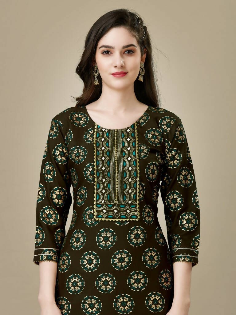 Aastha Fashion Women's Dark Coffee Rayon Embroidered Kurta Pant Set - Distacart