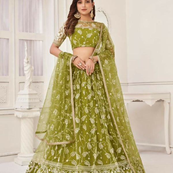 Aastha Fashion Olive Green Butterfly Net White Cotton Thread Work And Sequence Work Embroidery Wedding Wear Lehenga Choli - Distacart