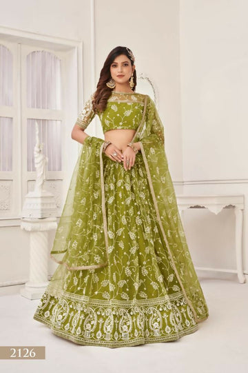Aastha Fashion Olive Green Butterfly Net White Cotton Thread Work And Sequence Work Embroidery Wedding Wear Lehenga Choli - Distacart