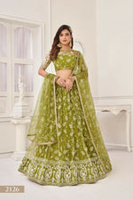 Thumbnail for Aastha Fashion Olive Green Butterfly Net White Cotton Thread Work And Sequence Work Embroidery Wedding Wear Lehenga Choli - Distacart
