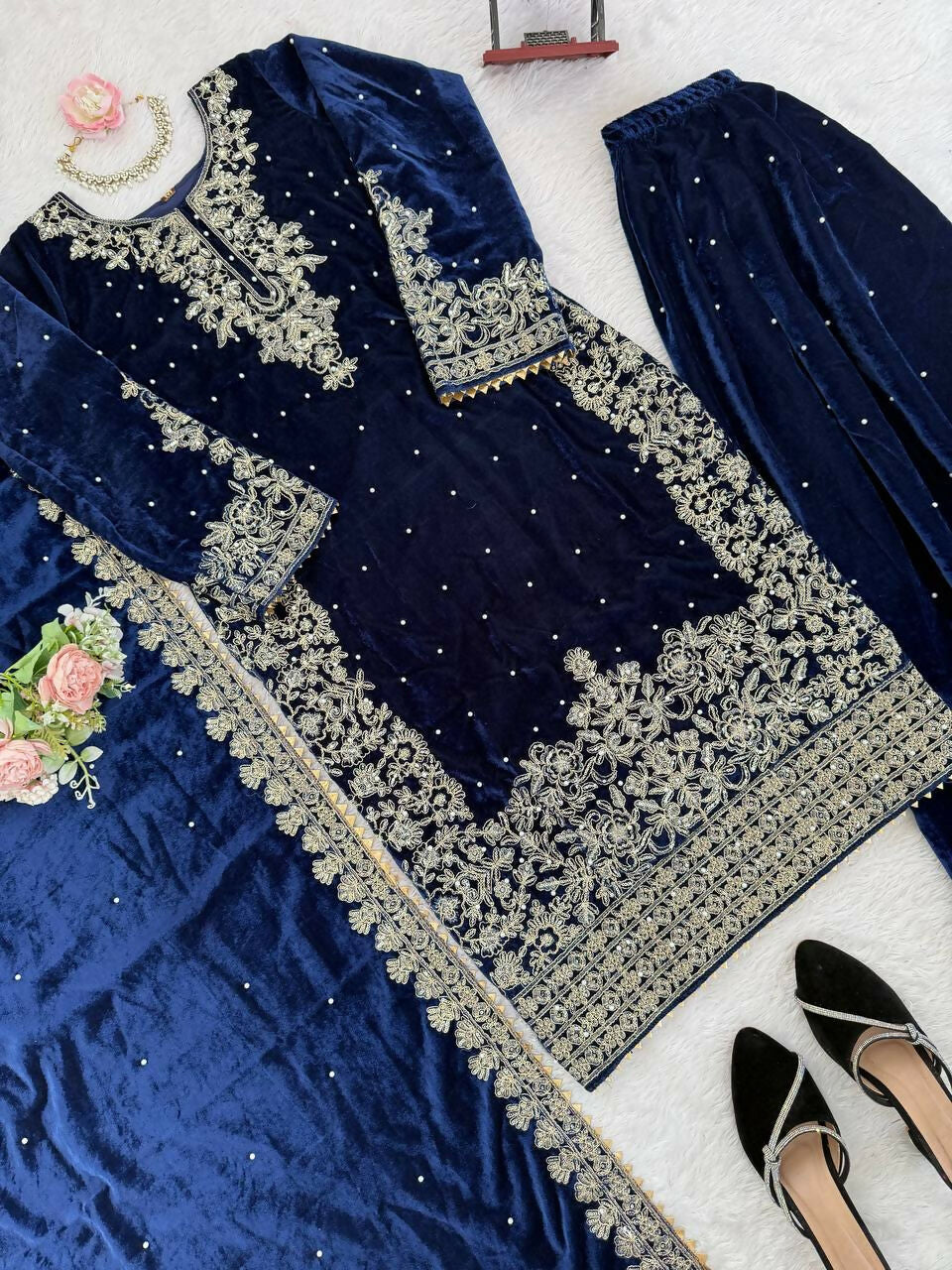 Vastranavya Blue Viscose Velvet Cording Sequence With Moti Work Top-Bottom With Dupatta