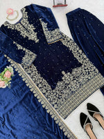 Thumbnail for Vastranavya Blue Viscose Velvet Cording Sequence With Moti Work Top-Bottom With Dupatta