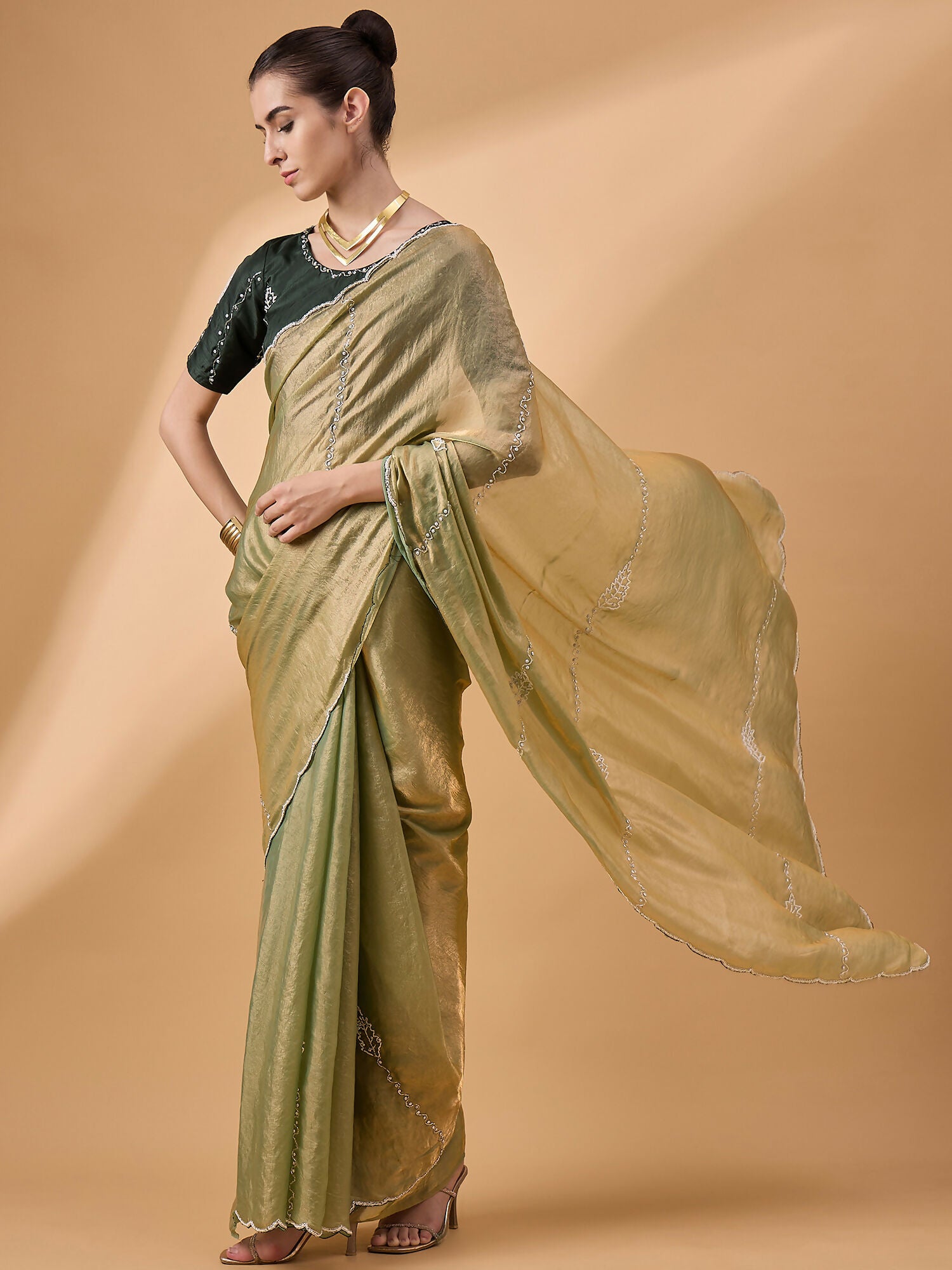 Green Muslin Embroidered Saree with Unstitched Blouse Piece - Satya - Distacart