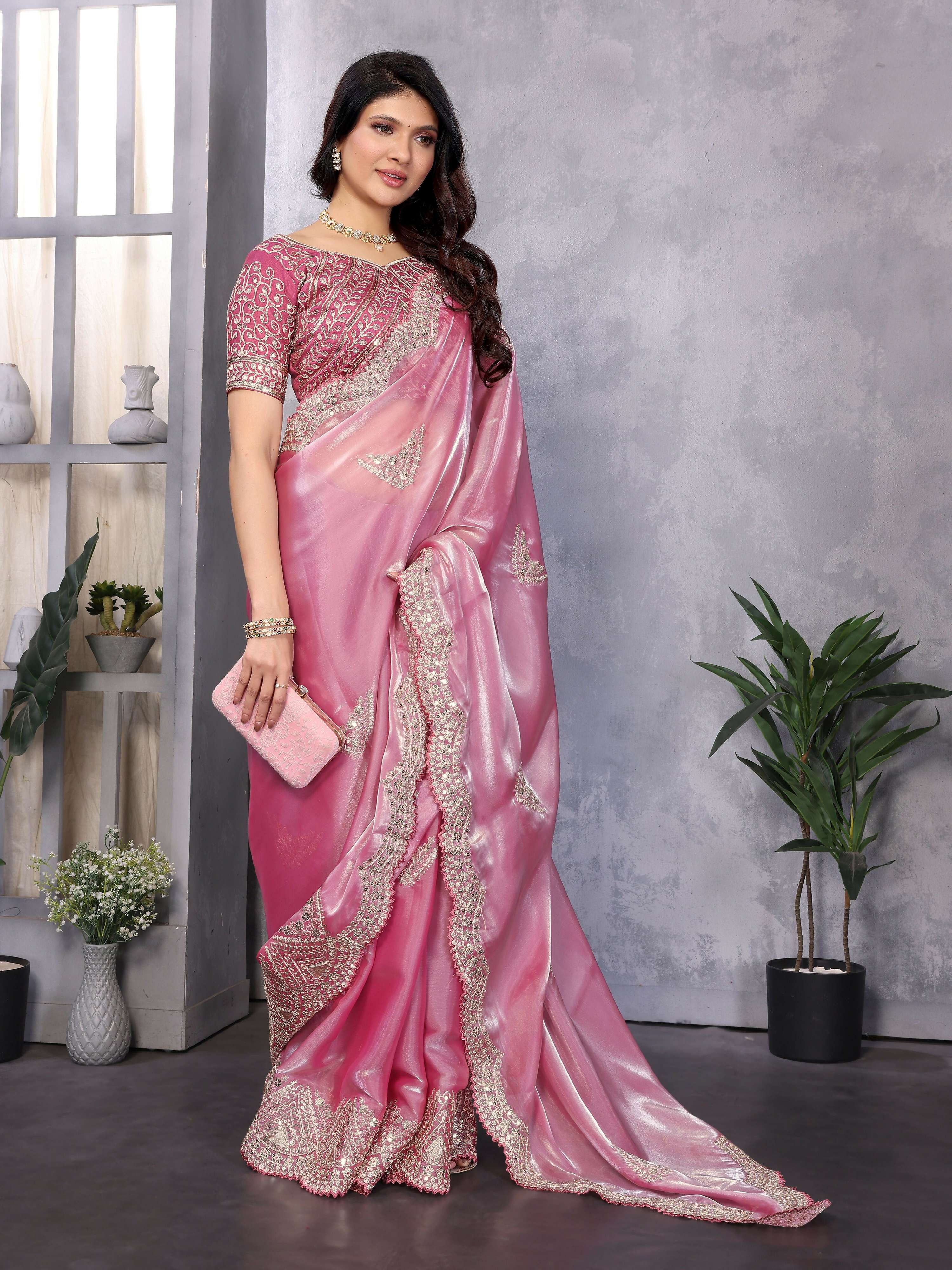 Vastranavya Baby Pink Embroidery Work Shimmer Chiffon Saree with Unstitched Blouse