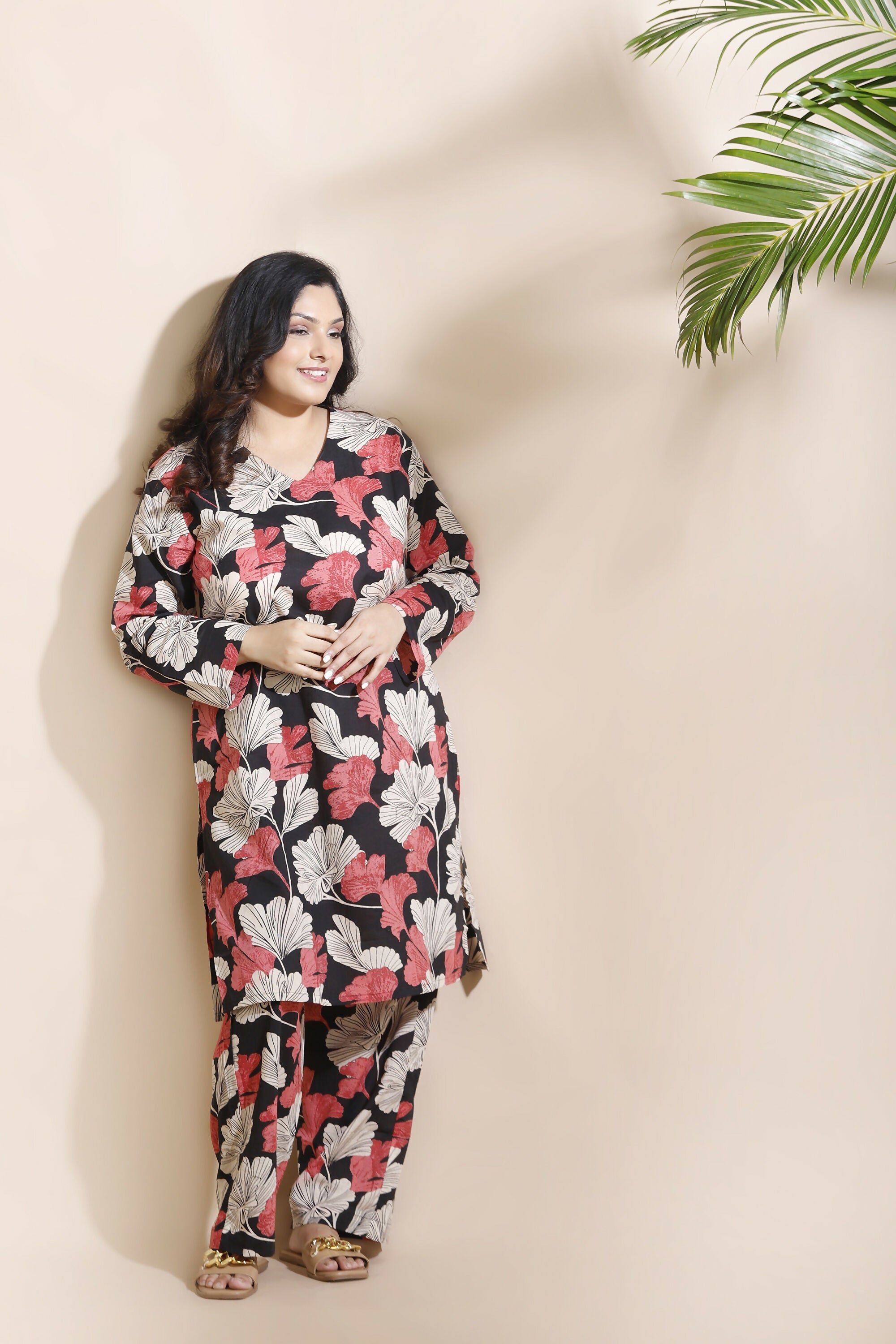 Breathables Black Floral Print Cotton Long Kurta Co-Ord Set Cotton - Dista