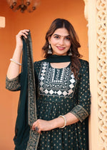 Thumbnail for Alvano Women's Embroidery work Print Naira Cut Kurti with Pant and Dupatta set Rayon - Distacart