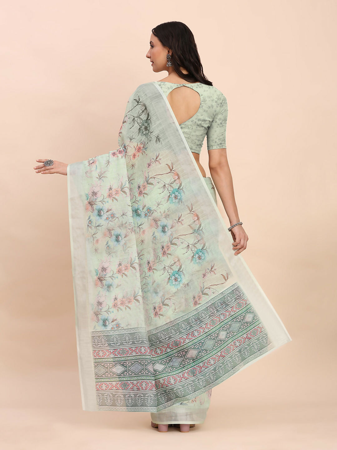 Shree Shyam Fashion Linen Cotton Light Green Saree - Distacart
