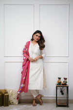 Thumbnail for The52 Off White Beautiful Embroidered Viscose Chanderi Fabric Straight Kurta Pant with Dupatta Set - Distacart