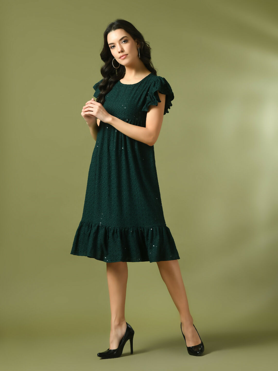 Myshka Women's Green Embroidered Cotton Round Neck A-Line Party Dress - Distacart