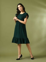 Thumbnail for Myshka Women's Green Embroidered Cotton Round Neck A-Line Party Dress - Distacart