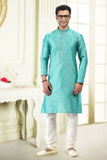 Thumbnail for Raivat Ethnic Jacquard Banarasi Silk Thread Work Kurta Pajama In Teal Green Colour - Distacart