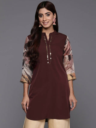 Ahalyaa Brown & Gold-Toned Mandarin Collar Printed Tunic - Brown Color - Distacart