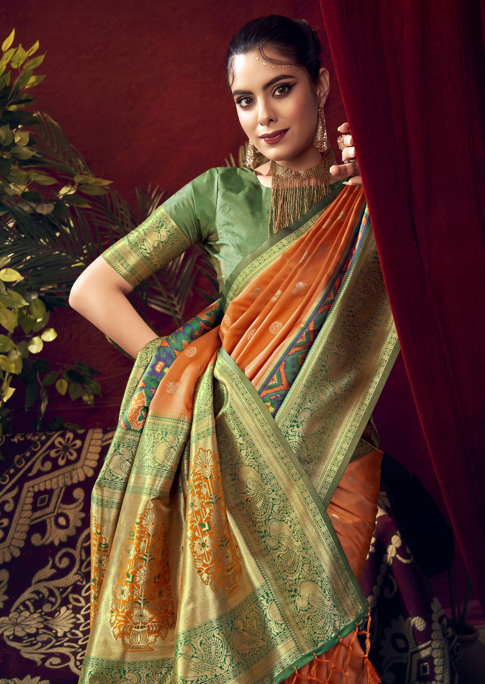 Vishnu Weaves Women's Orange Paithani Silk Saree with Blouse - Distacart