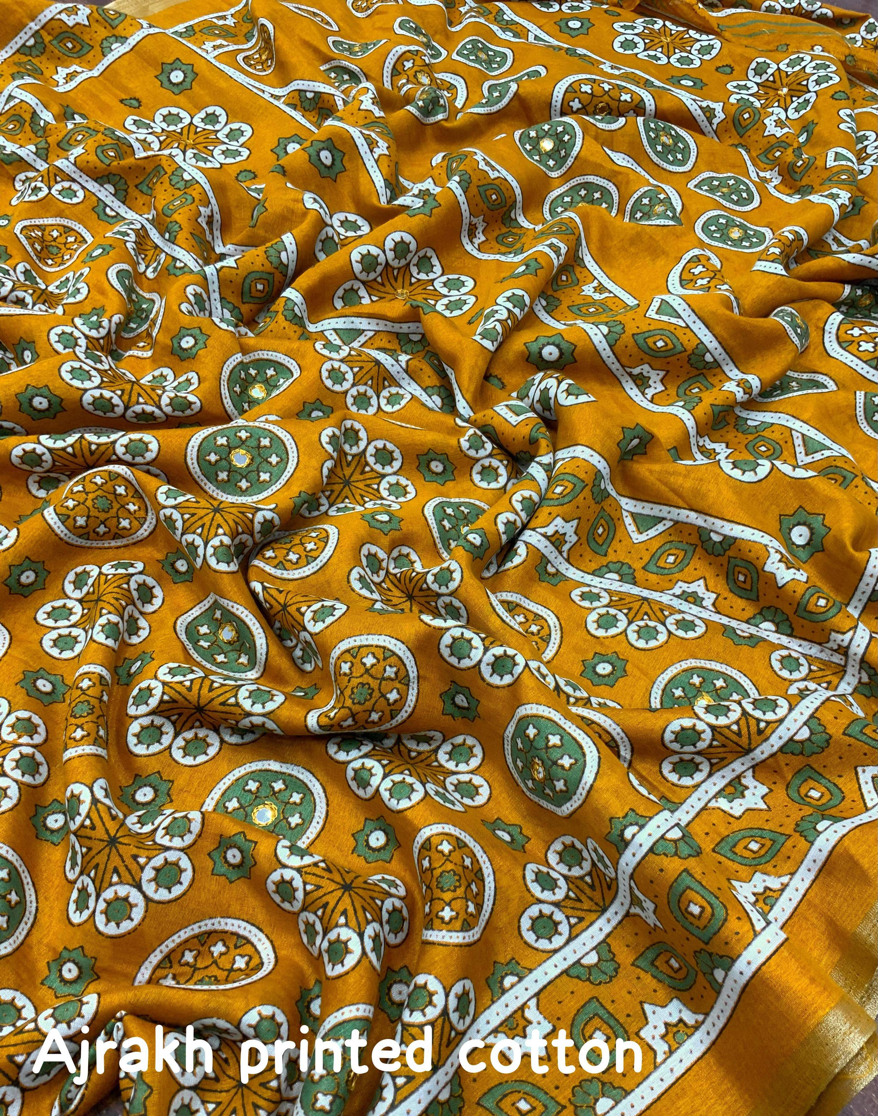 Mustard Cotton Blend Ajrak Saree with Unstitched Blouse - A2M