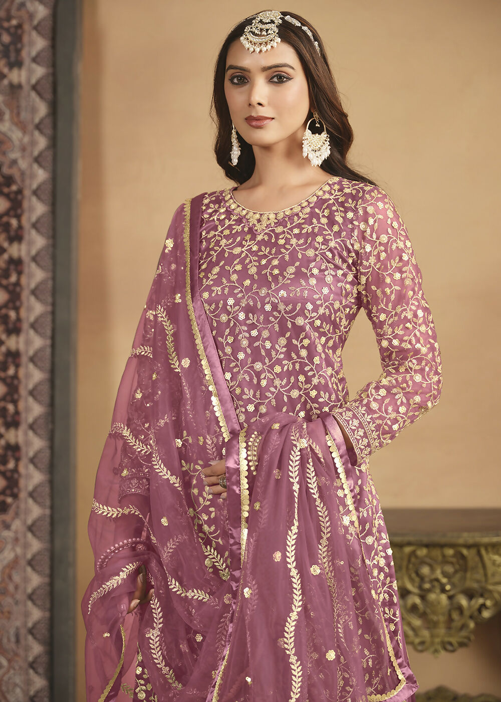 Net Onion Pink Embroidered Festive Gharara Style Suit - Emponline - Distacart