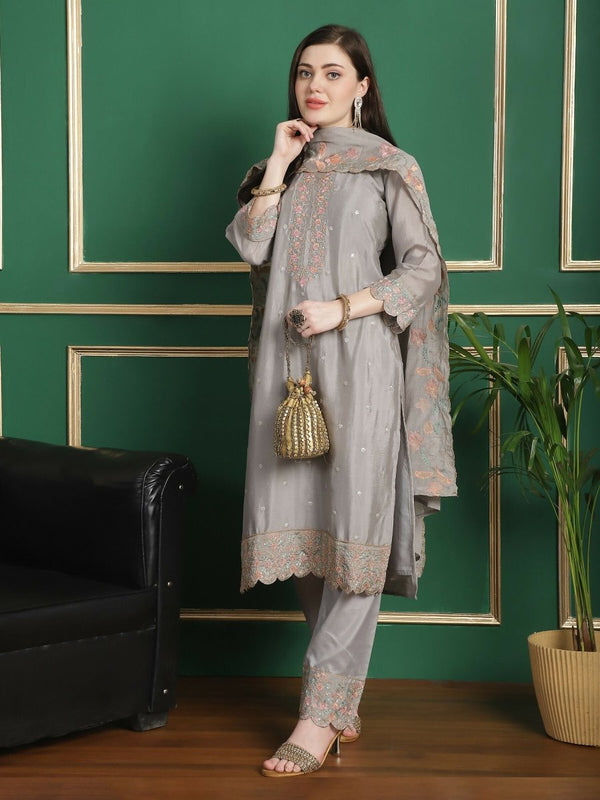 Aastha Fashion Women's Grey Chinon Chiffon Floral Embroidery with Cording & Crystal Work Designer Straight Suit Set - Distacart